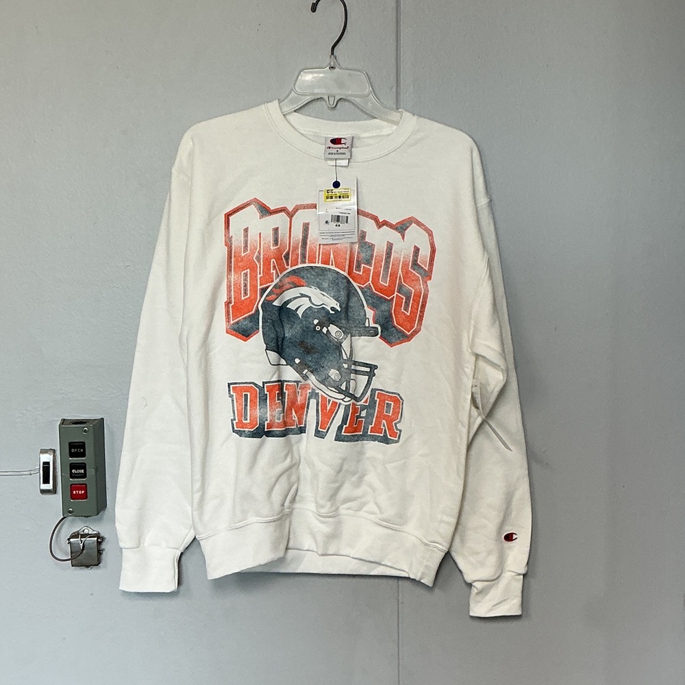 Champion White Denver Broncos Graphic Crewneck with Orange and Navy Print